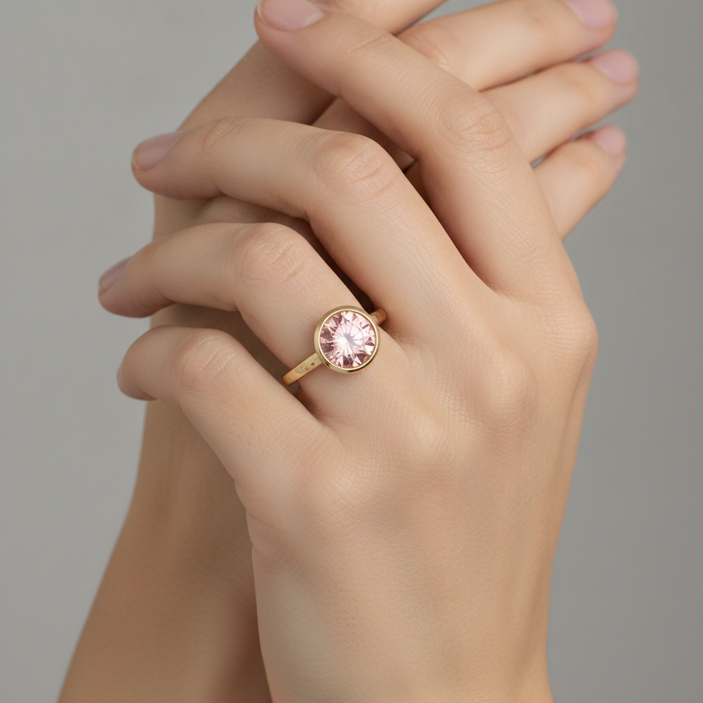 Padparadscha-Saphir Verlobungsring 2 Karat Echter Runder Solitär Lünette 14 Karat Gelbgold Deluxe