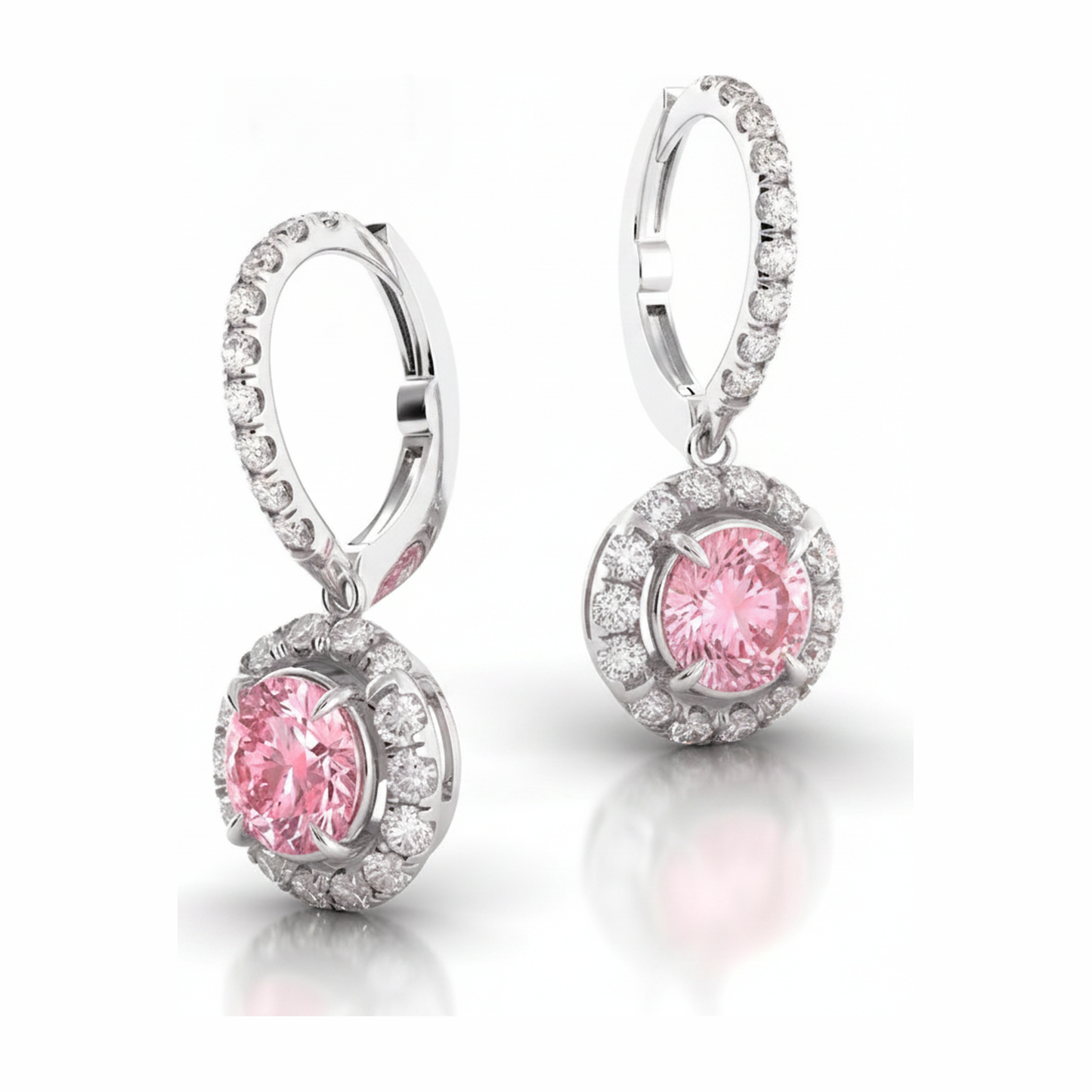 Rosa Diamant-Ohrringe 1,5 Karat im Labor gezüchtet Rund Halo Brisur 14 Karat Weißgold