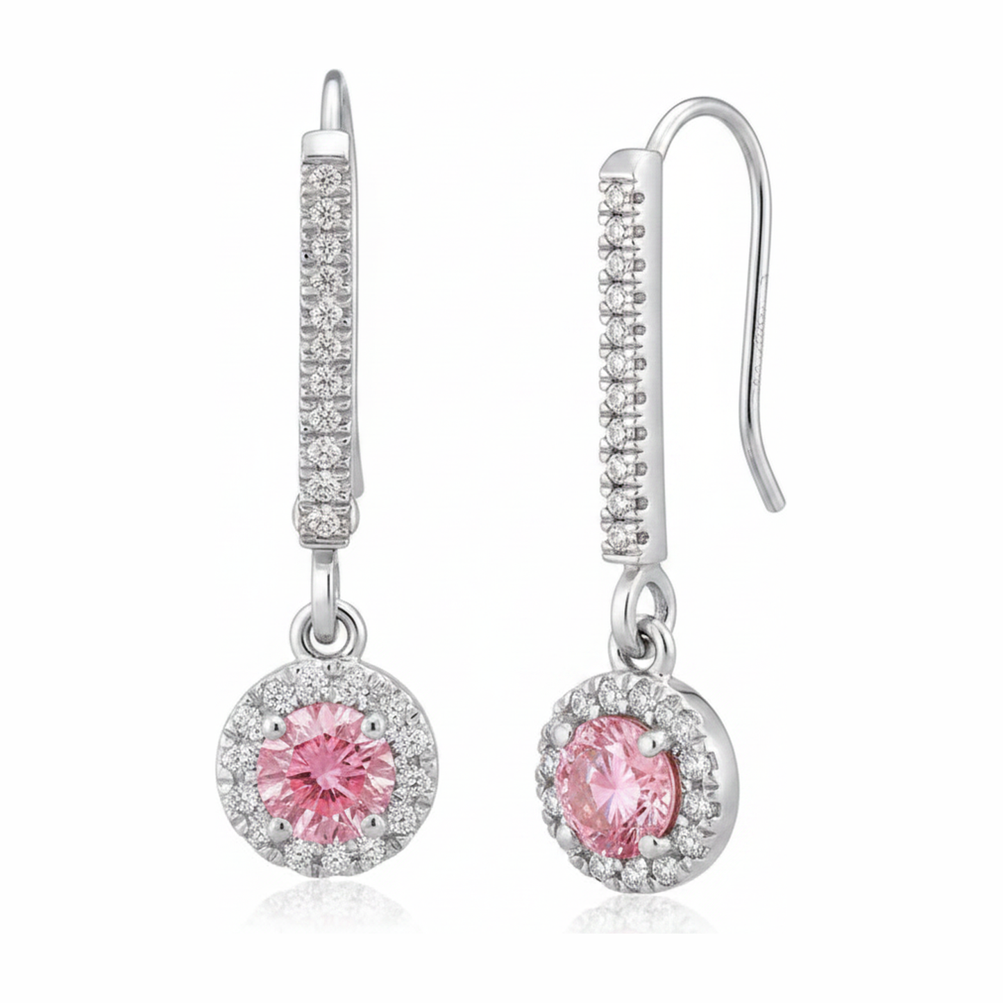 Ohrringe mit rosa Diamanten 1,5 Karat im Labor gezüchtet Rund Halo Pavé Brisur 14 Karat Weißgold