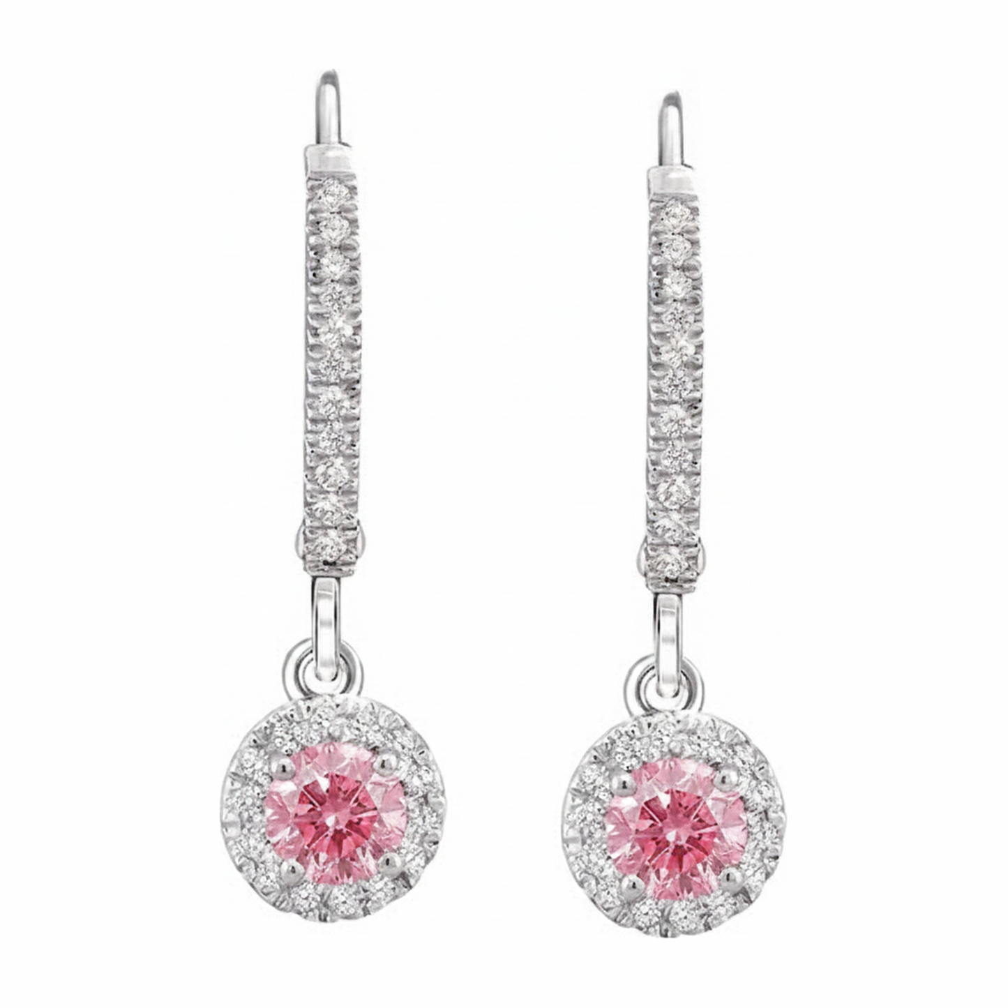 Ohrringe mit rosa Diamanten 1,5 Karat im Labor gezüchtet Rund Halo Pavé Brisur 14 Karat Weißgold