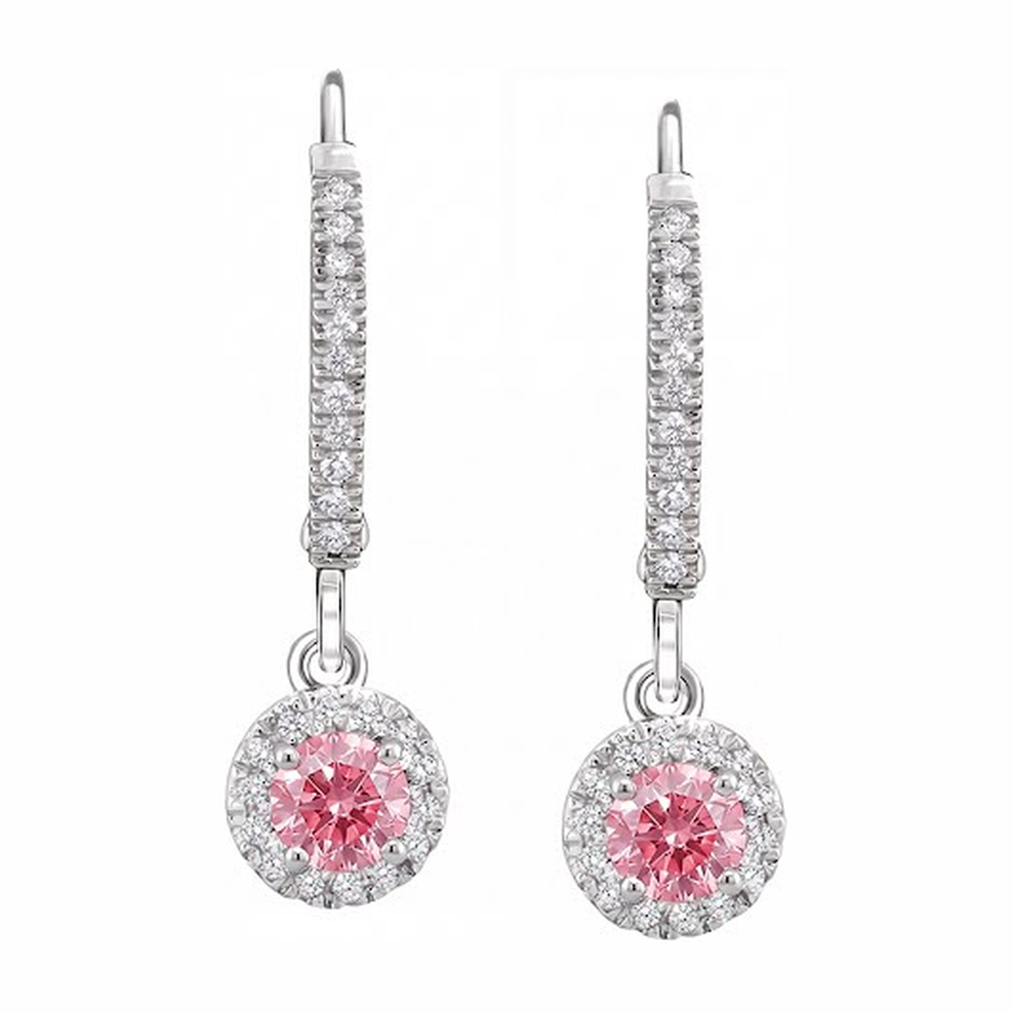 Ohrringe mit rosa Diamanten 1,5 Karat im Labor gezüchtet Rund Halo Pavé Brisur 14 Karat Weißgold