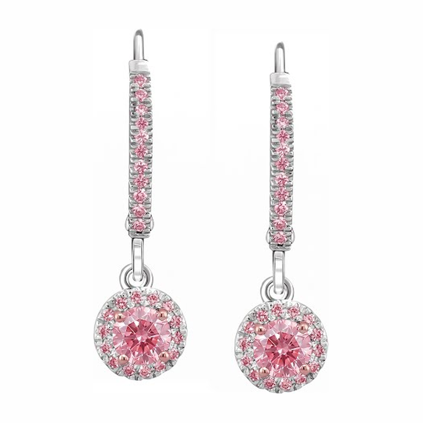 Halo-Ohrringe mit rosa Diamanten, 1,5 Karat, im Labor gezüchtet, rund, Pavé, Brisur, 14 Karat Weißgold