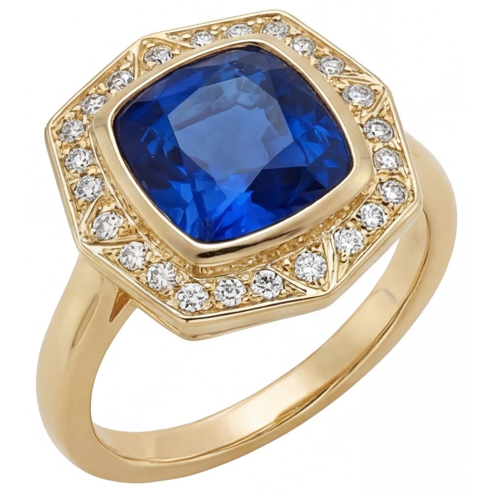 Royalblauer Saphir Edelstein-Ring 5,75-Karat 14K Gelbgold – Frontansicht
