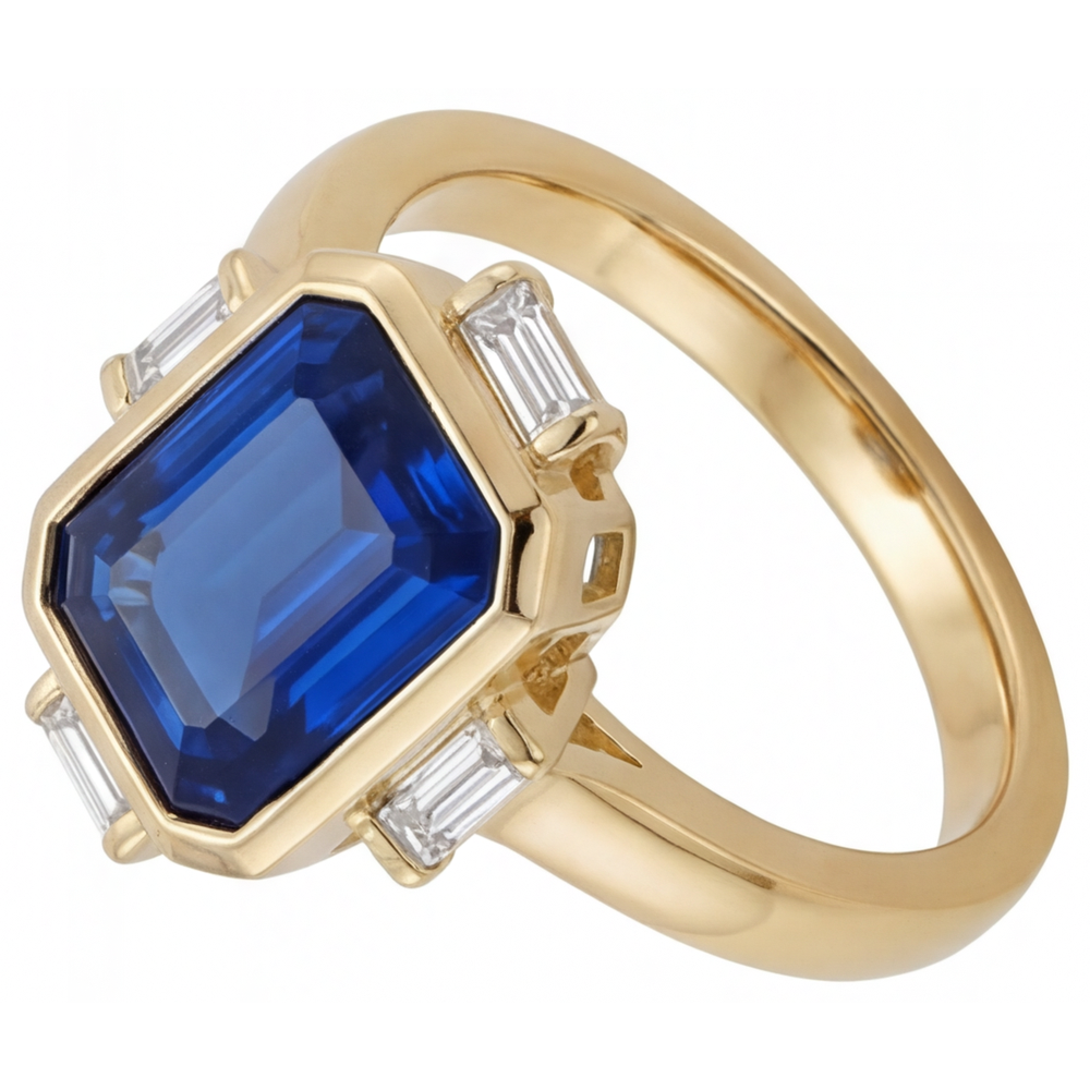 Echter Royalblauer Saphir Schmuckstein-Ring 4,80 Karat 14K Gelbgold – Schrägansicht