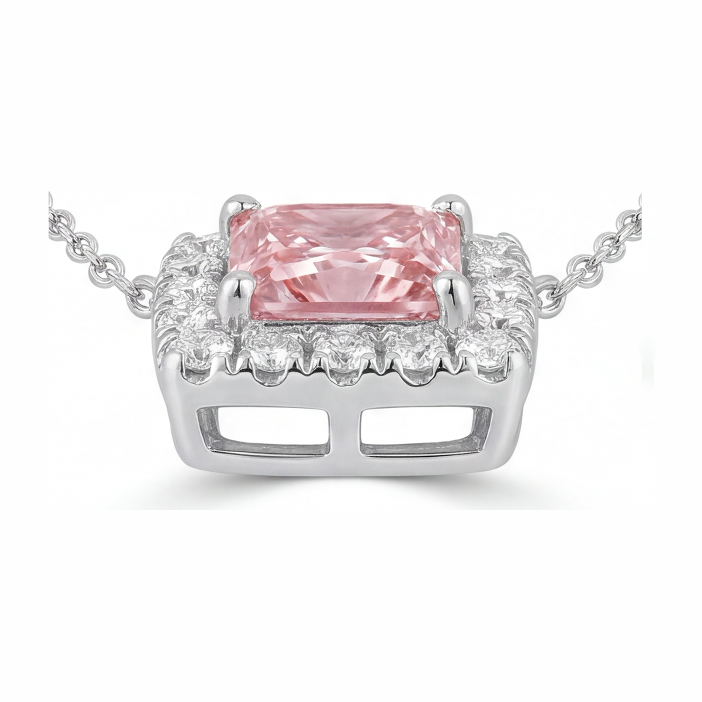 Rosa Diamant Halskette 4,5 Karat im Labor gezüchtet Radiant-Schliff Halo Pavé Anhänger 14 Karat Weißgold