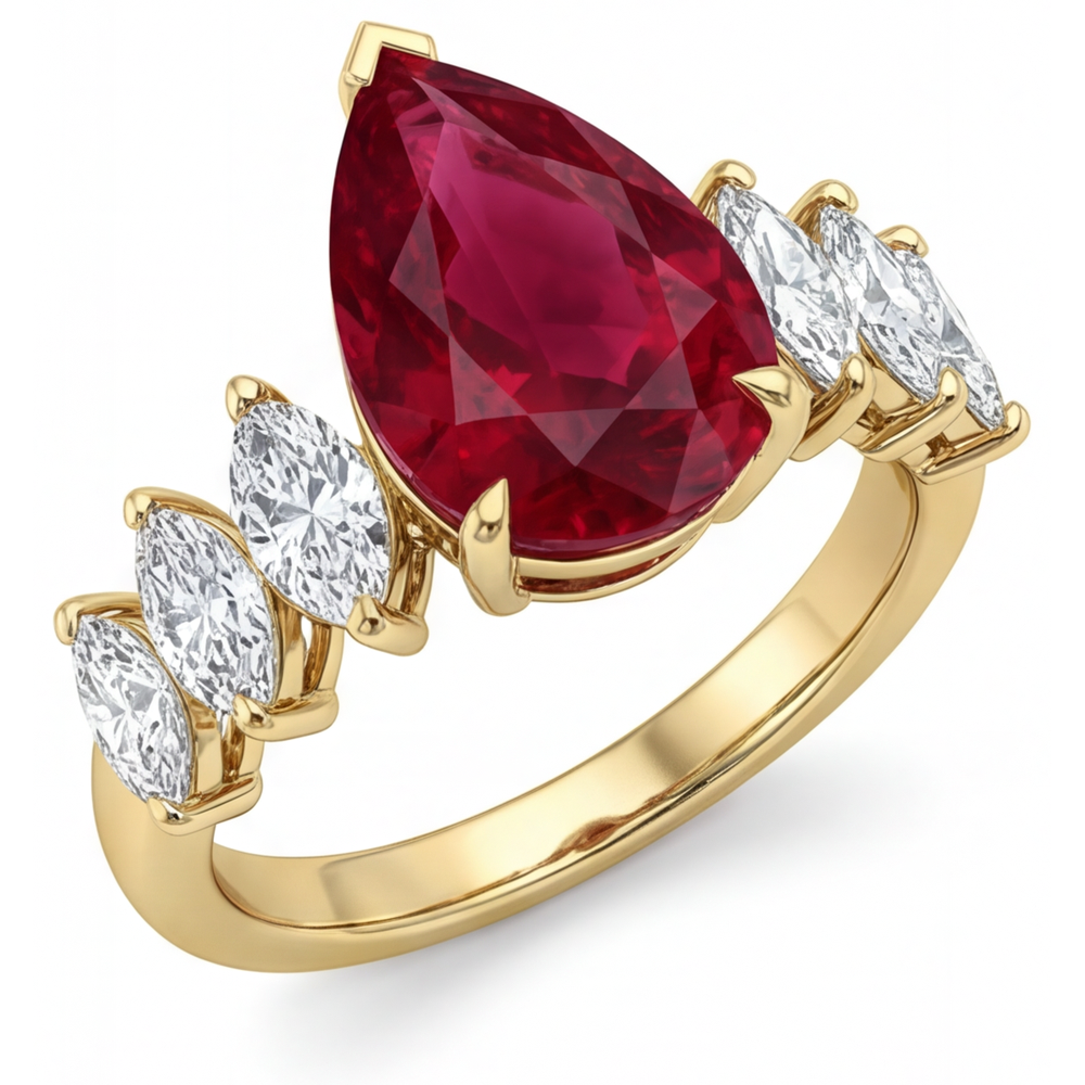 Taubenblut-Rubin Dreisteinring 4-Karat 14K Gelbgold – Hauptansicht