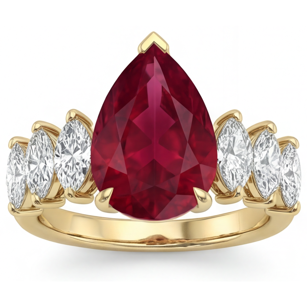 Tropfen-Schliff Taubenblut-Rubin Ring in 14K Gelbgold – Frontansicht