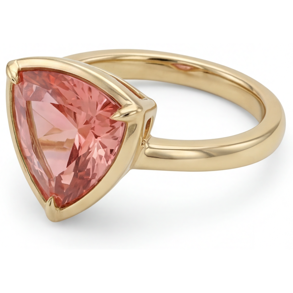 Solitärring mit natürlichem Padparadscha-Saphir, 2,5 Karat, Trillant-Schliff, 14 Karat Gelbgold
