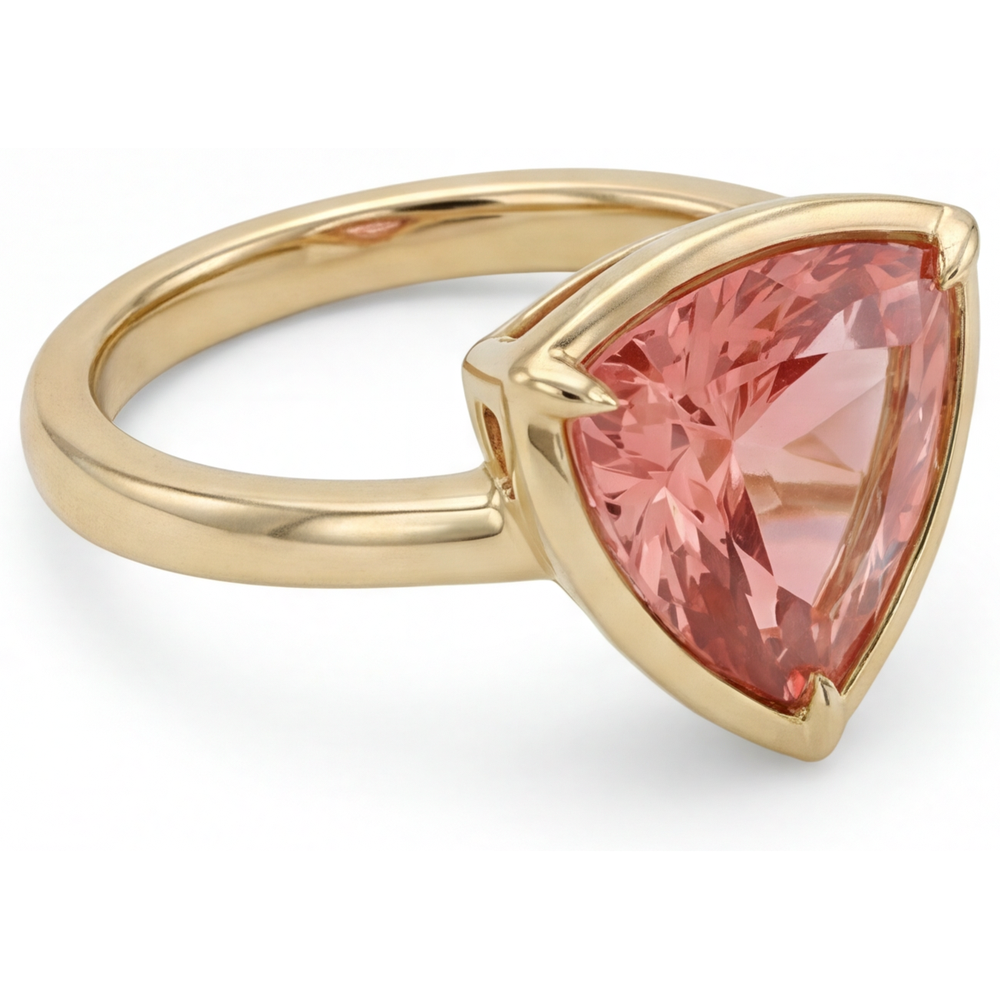 Solitärring mit natürlichem Padparadscha-Saphir, 2,5 Karat, Trillant-Schliff, 14 Karat Gelbgold