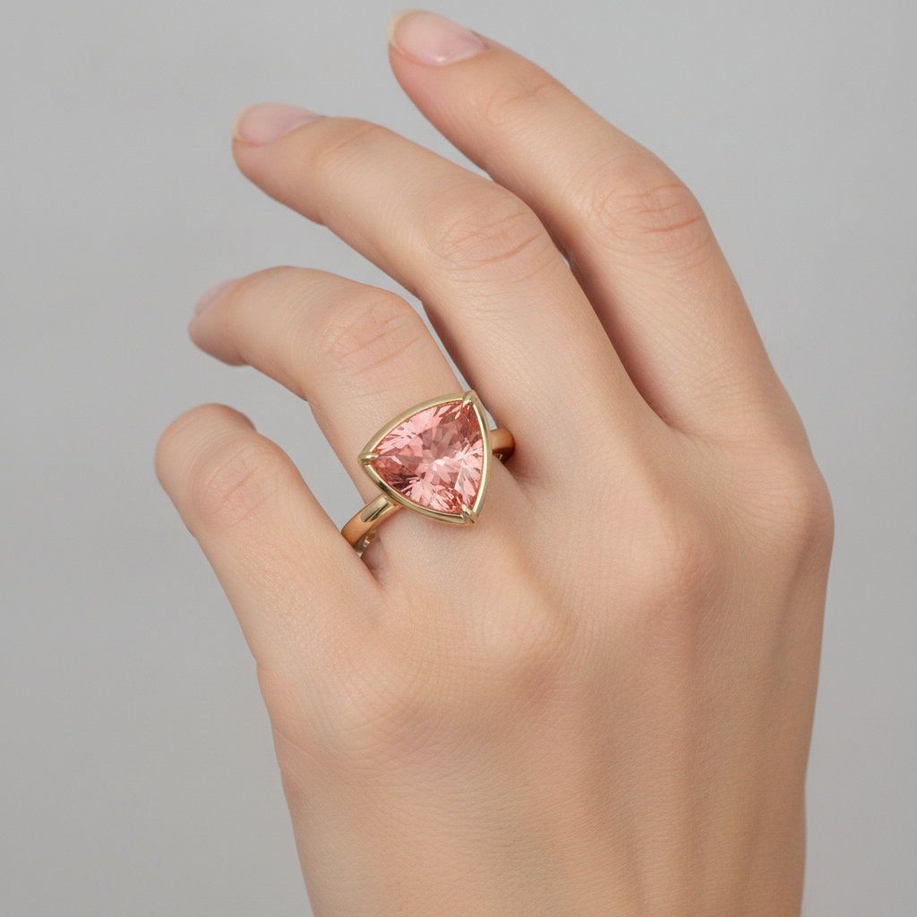 Solitärring mit natürlichem Padparadscha-Saphir, 2,5 Karat, Trillant-Schliff, 14 Karat Gelbgold