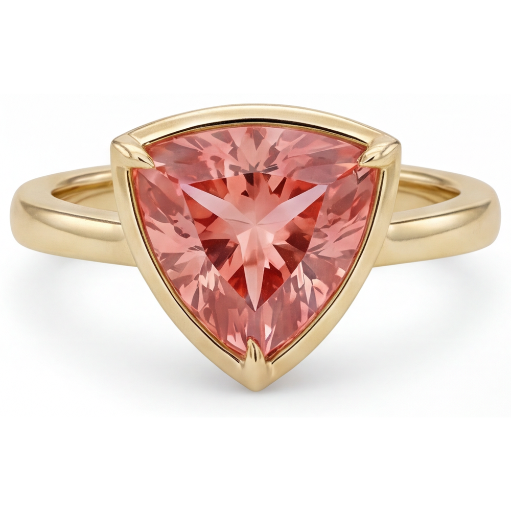 Solitärring mit natürlichem Padparadscha-Saphir, 2,5 Karat, Trillant-Schliff, 14 Karat Gelbgold