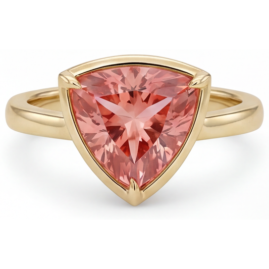 Solitärring mit natürlichem Padparadscha-Saphir, 2,5 Karat, Trillant-Schliff, 14 Karat Gelbgold