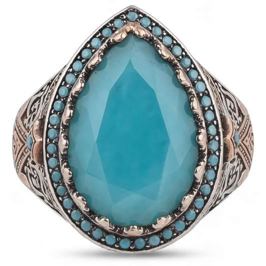 Echter Turquoise Halo-Fassung Ring 8,5 Karat 14 Karat Zweifarbig Gold – Frontansicht