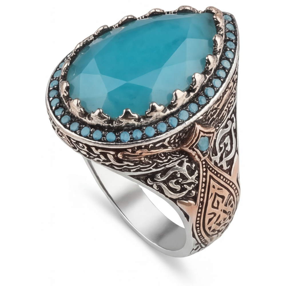 Turquoise Halo-Fassung Ring 8,5-Karat 14 Karat Zweifarbig Gold – Schrägansicht