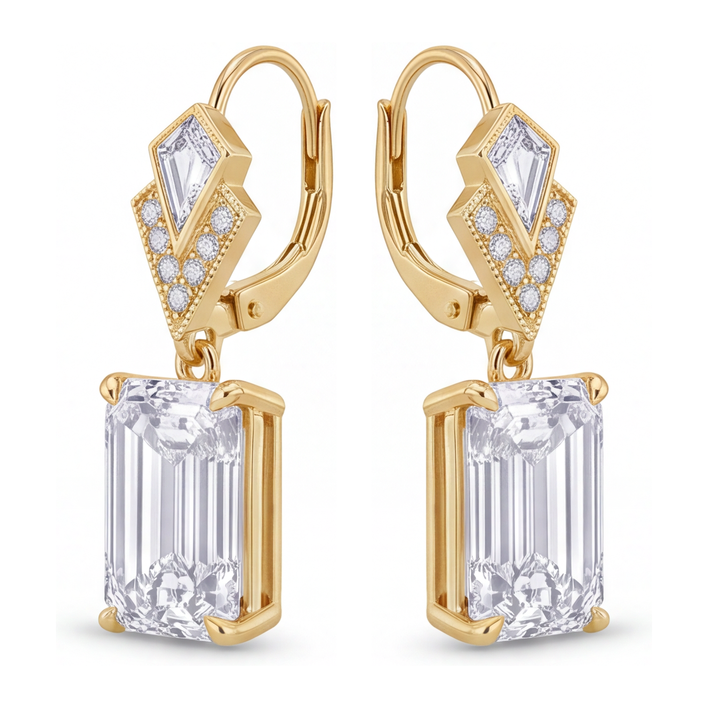 Weiße Diamant-Ohrhänger 4 Karat im Labor gezüchtet Smaragdschliff Art Déco 14 Karat Gelbgold