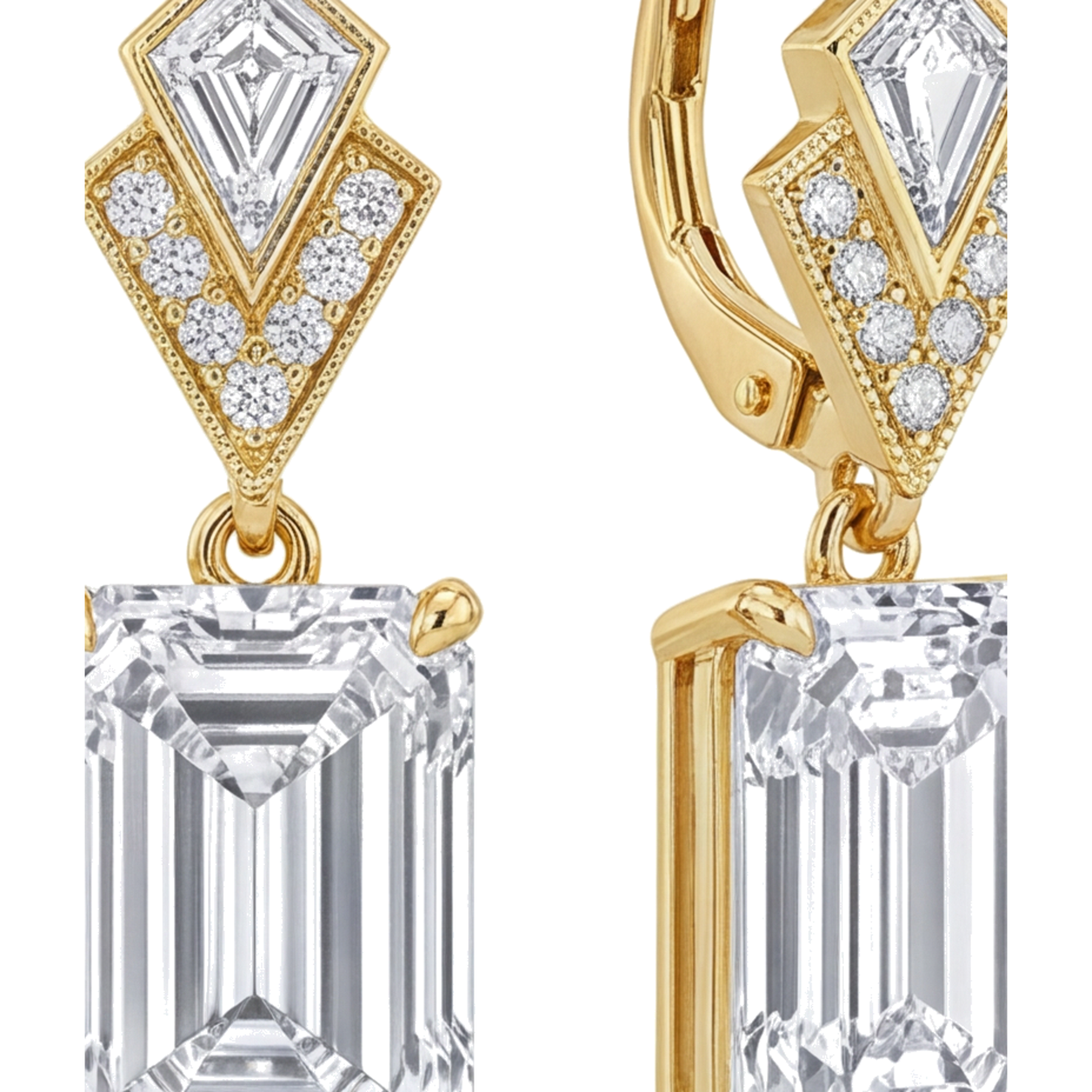 Weiße Diamant-Ohrhänger 4 Karat im Labor gezüchtet Smaragdschliff Art Déco 14 Karat Gelbgold