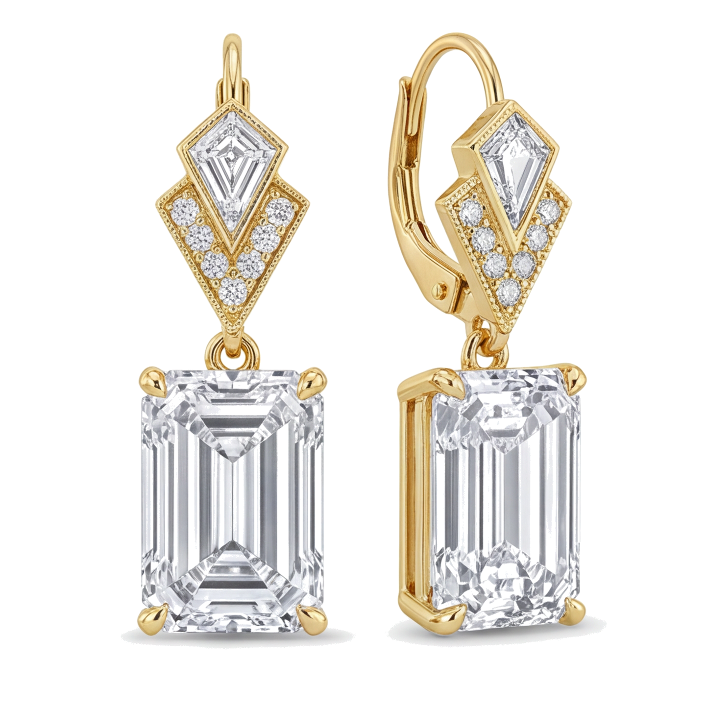 Weiße Diamant-Ohrhänger 4 Karat im Labor gezüchtet Smaragdschliff Art Déco 14 Karat Gelbgold