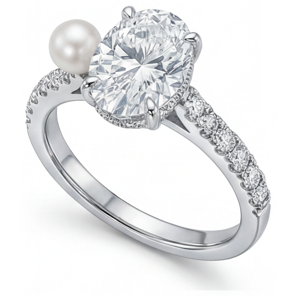 Solitär-Ring mit Akzenten 14K Weißgold mit Zuchtperle – Seitenansicht