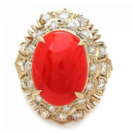 13.50 kt oval rote koralle mit runden diamanten ring gelbgold 14k