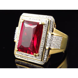13 Karat Großer Smaragd Schliff Roter Aaa Herren Rubin Ring Mit Aus der Erde Abgebauter Natürlicher Diamant Gelb Gold 14K
