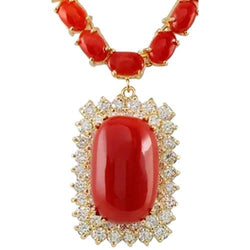 14K Gelbgold 50,75 Ct Rote Koralle Mit Aus der Erde Abgebauter Natürlicher Diamanten Damen Halskette