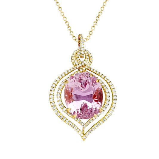 14k gelbgold damen rosa kunzit diamant anhänger edelstein schmuck