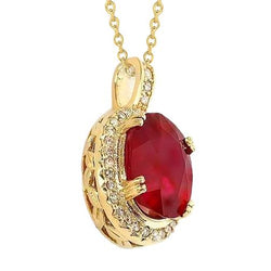 14K Gelbgold Rubin mit Aus der Erde Abgebauter Natürlicher Diamanten 6,55 Karat Anhänger Halskette
