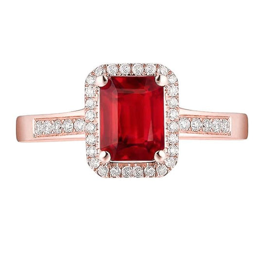 14k roségold ehering mit rotem rubin und diamant im smaragdschliff 5 ct