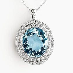 14K Weißgold Anhänger mit Kette 14 Karat Aquamarin und Aus der Erde Abgebauter Natürlicher Diamanten