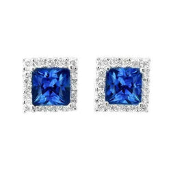 14K Weißgold Prinzessinnenschnitt Blauer Saphir-Diamant-Ohrstecker 2.40 Ct