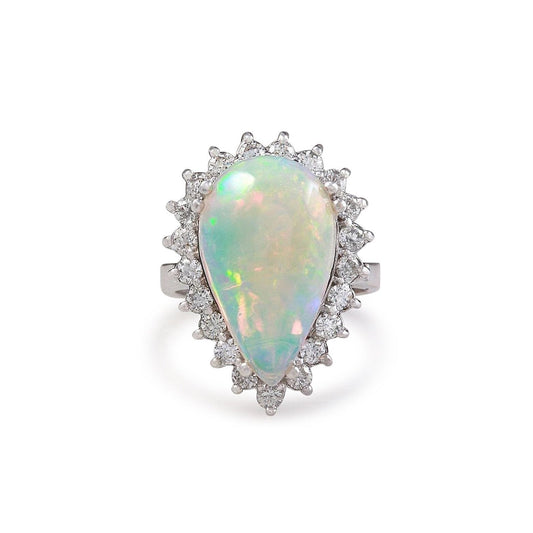 14.25 ct damen birne opal und runde diamanten ring weißgold 14k