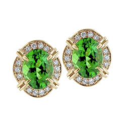 15,28 Karat Oval Grüner Turmalin Aus der Erde Abgebauter Natürlicher Diamant Ohrstecker 14K Gelbgold