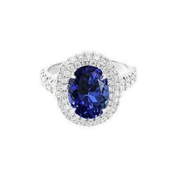 1,85 Karat Ovalschliff Tansanit und Aus der Erde Abgebauter Natürlicher Diamant Ehering Weißgold 14K