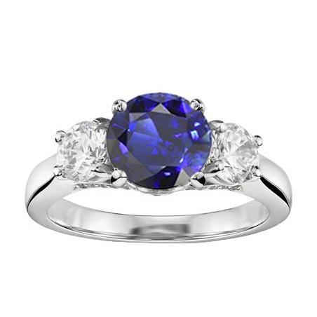 2 karat drei-steine-ring runder natürlicher blauer saphir & diamanten