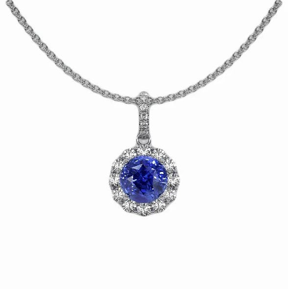 2 Karat Runder Blauer Saphir & Diamant Anhänger Halskette 14 Karat Gold