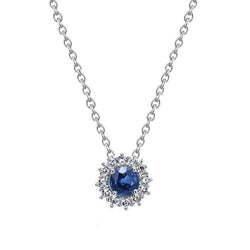 2 Karat Runder Saphir Und Aus der Erde Abgebauter Natürlicher Diamant Damen Halskette Anhänger Gold Weiß
