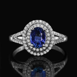 2,45 Kt Blauer Ovaler Saphir Mit Aus der Erde Abgebauter Natürlicher Diamant Ehering Weißgold 14K