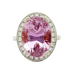 26 Karat Rosa Kunzit Halo Aus der Erde Abgebauter Natürlicher Diamanten Ring Krappenset Weißgold 14K
