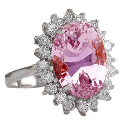 29,25 Karat Ovaler Kunzit-Ring mit runden Aus der Erde Abgebauter Natürlicher Diamanten 14K Weißgold Neu