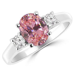 2.50 Karat Oval Rosa Saphir Aus der Erde Abgebauter Natürlicher Diamant 3 Steine Ring Weißgold 14K