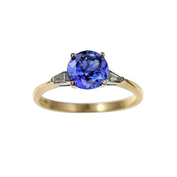 2.55 Karat Tansanit und Baguette Aus der Erde Abgebauter Natürlicher Diamanten Drei-Stein-Ring 14K