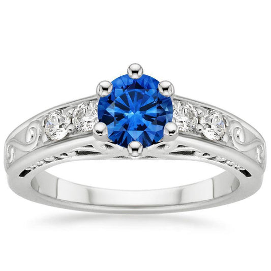 2.60 Karat Runder Ceylon Saphir Aus der Erde Abgebauter Natürlicher Diamanten Ring 14K Weißgold