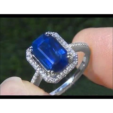 2.70 Karat blauer Saphir im Smaragdschliff mit Aus der Erde Abgebauter Natürlicher Diamantring 14 Karat Weißgold