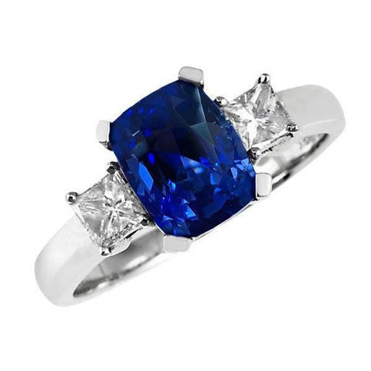 3 Ceylon-Saphir und Aus der Erde Abgebauter Natürlicher Diamanten im Steinstil 4.01 ct. Ring Weißgold 14K
