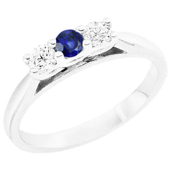 3 Karat Aus der Erde Abgebauter Natürlicher Diamant 3 Stein Blauer Saphir Ring Konischer Schaft Weißgold