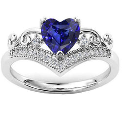 3 Karat Aus der Erde Abgebauter Natürlicher Diamant Herzring Ceylon Saphir Krone Stil Weißgold