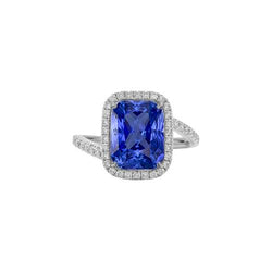 3 Karat Halo Blue Saphir Verlobungsring Tension Style Pave Aus der Erde Abgebauter Natürlicher Diamant