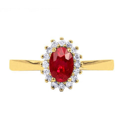 3 Karat Ovalschliff Ring mit rotem Rubin und rundem Aus der Erde Abgebauter Natürlicher Diamanten Gelbgold Schmuck