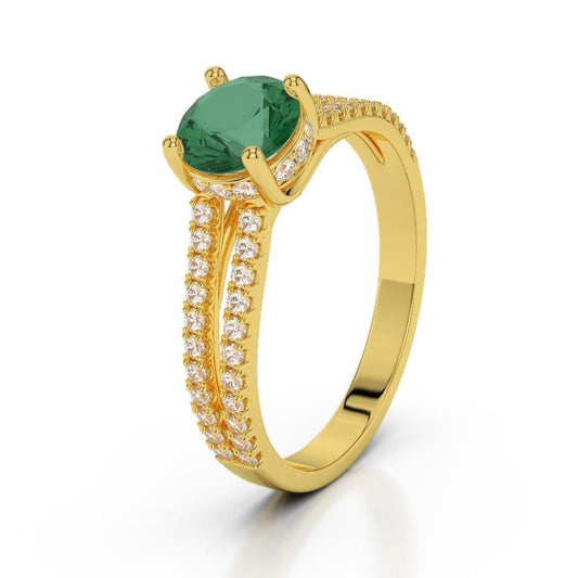 3 Kt grüner Smaragd mit Aus der Erde Abgebauter Natürlicher Diamant Ehering Gelbgold 14K
