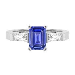 3 Stein Baguette Aus der Erde Abgebauter Natürlicher Diamanten Blauer Saphir Ring Smaragdschliff 1,75 Karat